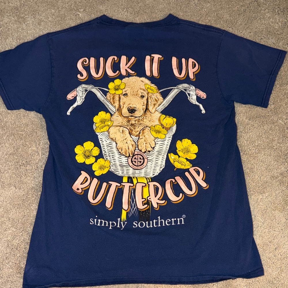 Simply Southern Blue Dog Tee with Yellow Flowers